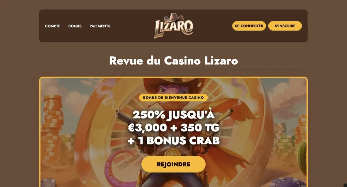 Screenshot Lizaro casino retrait instantané casino sport esport