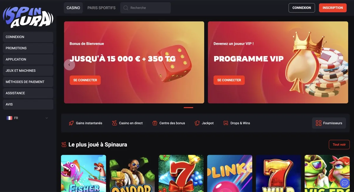 Screenshot SpinAura casino en ligne retrait rapide